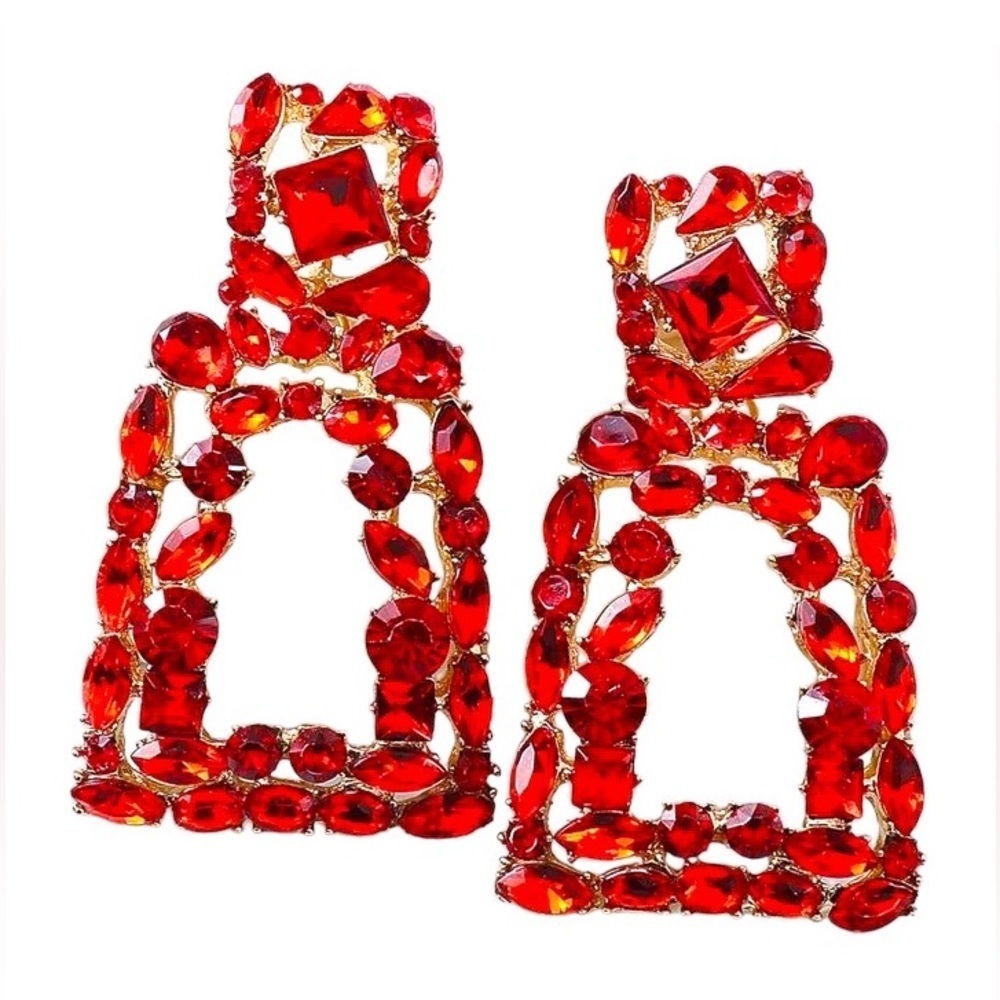 Red Earrings Geometric Square Rhinestone Crystal Dangle Drop Earrings
